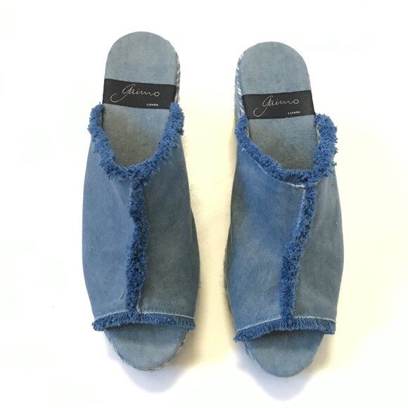 Giamo Denim Chambray Wedge Espadrille Sandals Womens 39 9 Blue Fringe Open Toe - Picture 2 of 11